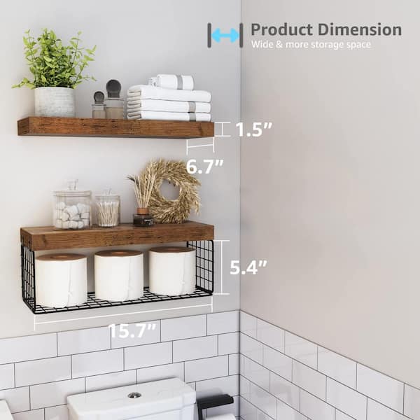 LONGRV Floating Shelves Wall Mounted, Rustic Wood Bathroom Shelves Over  Toilet with Paper Storage Basket, Farmhouse Floating Shelf for Wall Decor,  Bedroom, Living Room, KitchenBrown (Pine) 
