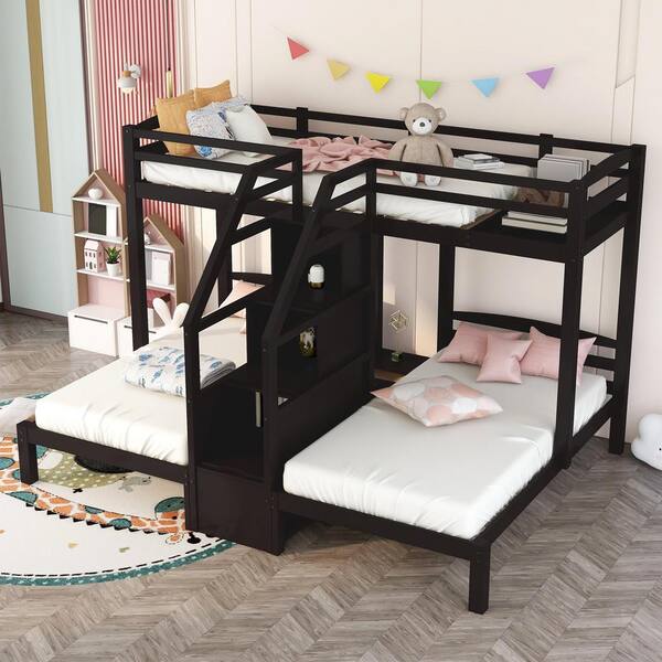 Angel Sar Espresso Wood Twin Over, Twin Bunk Bed With Stairs And Desk