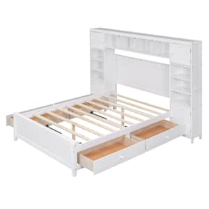 White Wood Frame Full Size Platform Bed with All-in-1-Cabinet, Shelf and Drawers