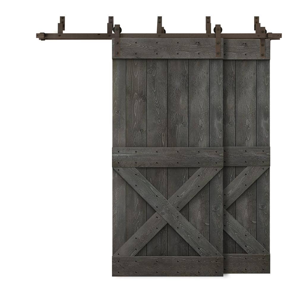 44 in. x 84 in. Mini X-Bypass Carbon Gray Stained DIY Solid Wood Interior Double Sliding Barn Door with Hardware Kit price history on PriceWatchPro