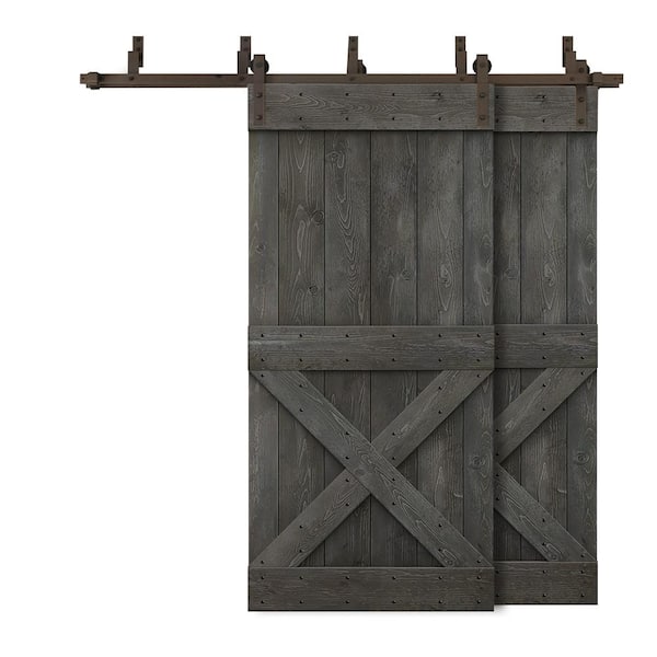 CALHOME 76 in. x 84 in. Mini X-Bypass Carbon Gray Stained DIY Solid Wood Interior Double Sliding Barn Door with Hardware Kit
