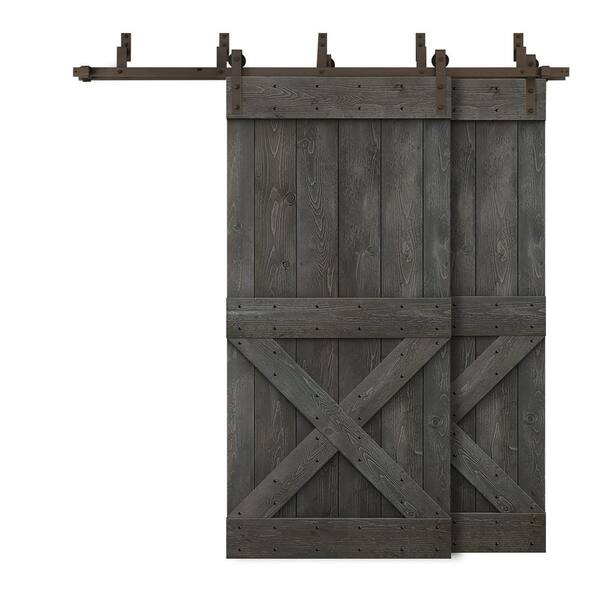 CALHOME 88 in. x 84 in. Mini X-Bypass Carbon Gray Stained DIY Solid Wood Interior Double Sliding Barn Door with Hardware Kit