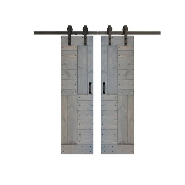 S Series 48 in. x 84 in. French Gray Finished DIY Solid Wood Double Sliding Barn Door with Hardware Kit