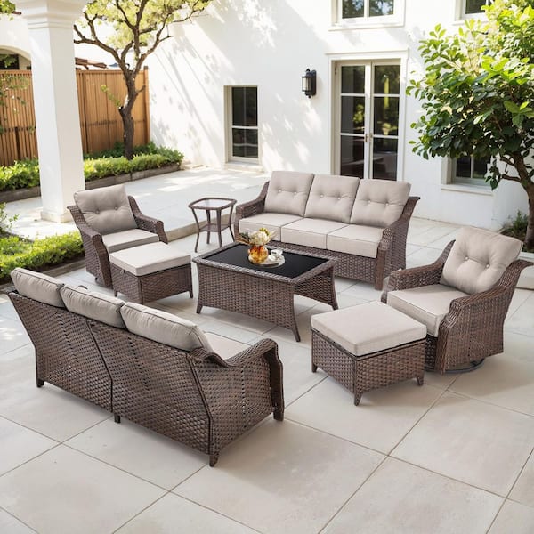 8-Piece Contemporary Brown Wicker Outdoor Swivel Rocking Chair Set with CushionGuard Beige Cushions