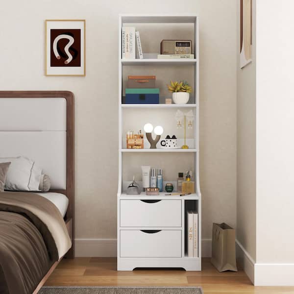 4-Tier White Pantry Cabinet, Freestanding Tall Bookshelf Night Stand with 2 Storage Drawers and Open Shelves