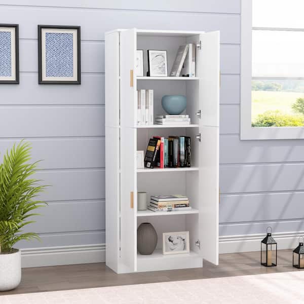 FUFU&GAGA 23.3 in. W x 61.2 in. H White Wooden 5-Shelves Bookcase, Storage Cabinet with 4-Doors