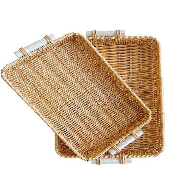 Large Rectangular Woven Serving Basket Set with Solid Wooden Handles 13.8 x 9.8 in and 11.8 x 7.8