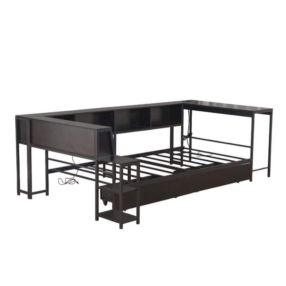 Noble House Heliox Black Metal Frame Twin Size Corner Platform Bed with ...