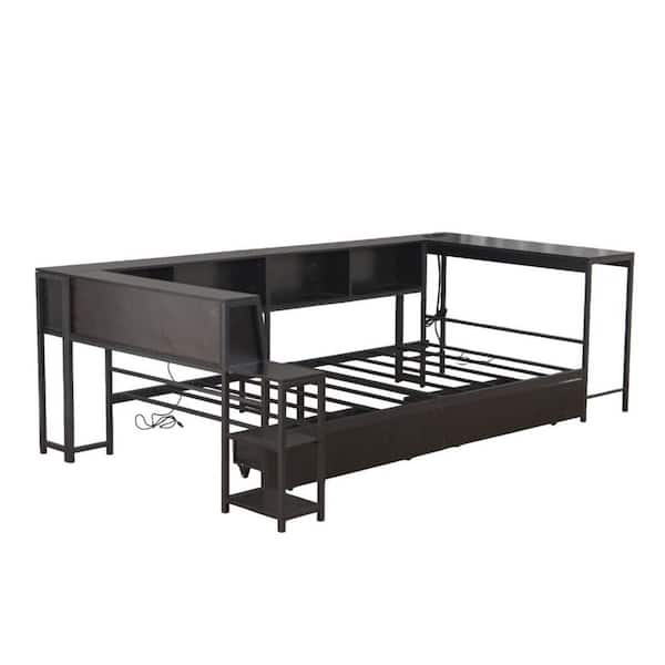 Heliox Black Metal Frame Twin Size Corner Platform Bed with Bookcase, Storage Drawers and LED Lights