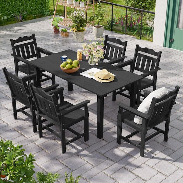 All-Weather 7-Piece HIPS Plastic Outdoor Dining Table and Chairs Set with Umbrella Hole in Black