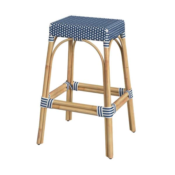 Butler Specialty Company Robias 30 in. Blue and White Dot Backless Rattan Bar Stool (Qty 1)