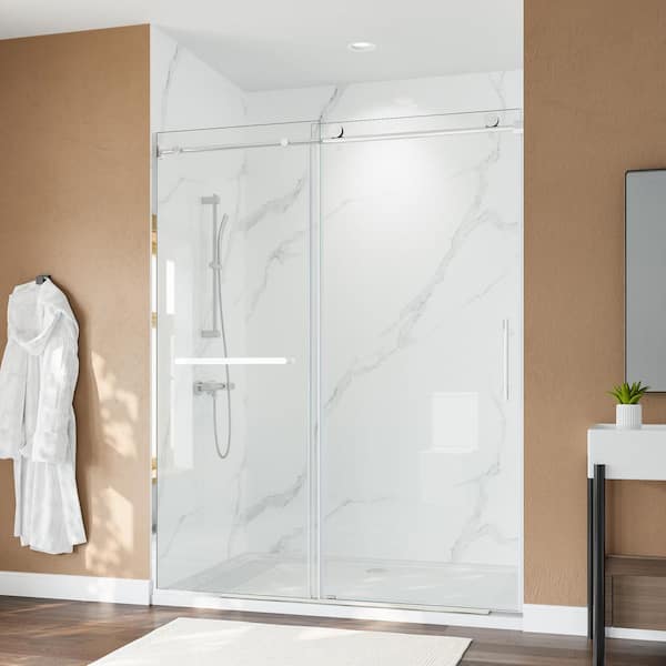 EAKYHOM Reversible 56-60 in. W x 75 in. H Semi-Frameless Single Sliding Shower Door in Chrome with Easy-Clean Glass, Towel Bar