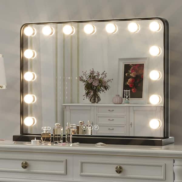 KeonJinn 32 in. W x 24 in. H Large Hollywood Vanity Mirror Light, Makeup Dimmable Lighted Mirror for Table in Black Frame