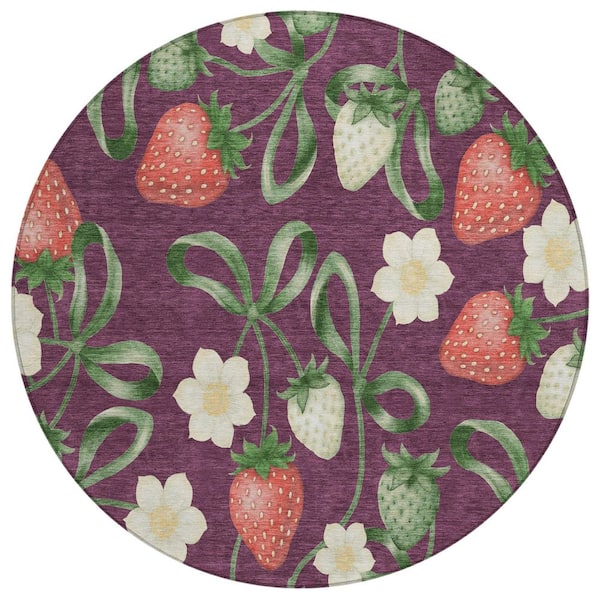 Chantille Machine Washable Indoor/Outdoor Abstract ACN2864 Eggplant 8 ft. x 8 ft. Round Rug