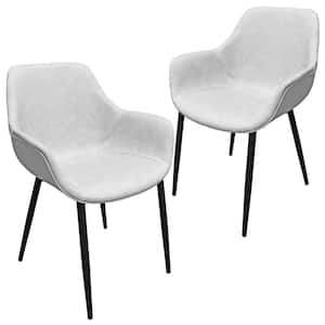 Markley Light Grey Modern Leather Dining Arm Chair with Black Metal Legs (Set of 2)