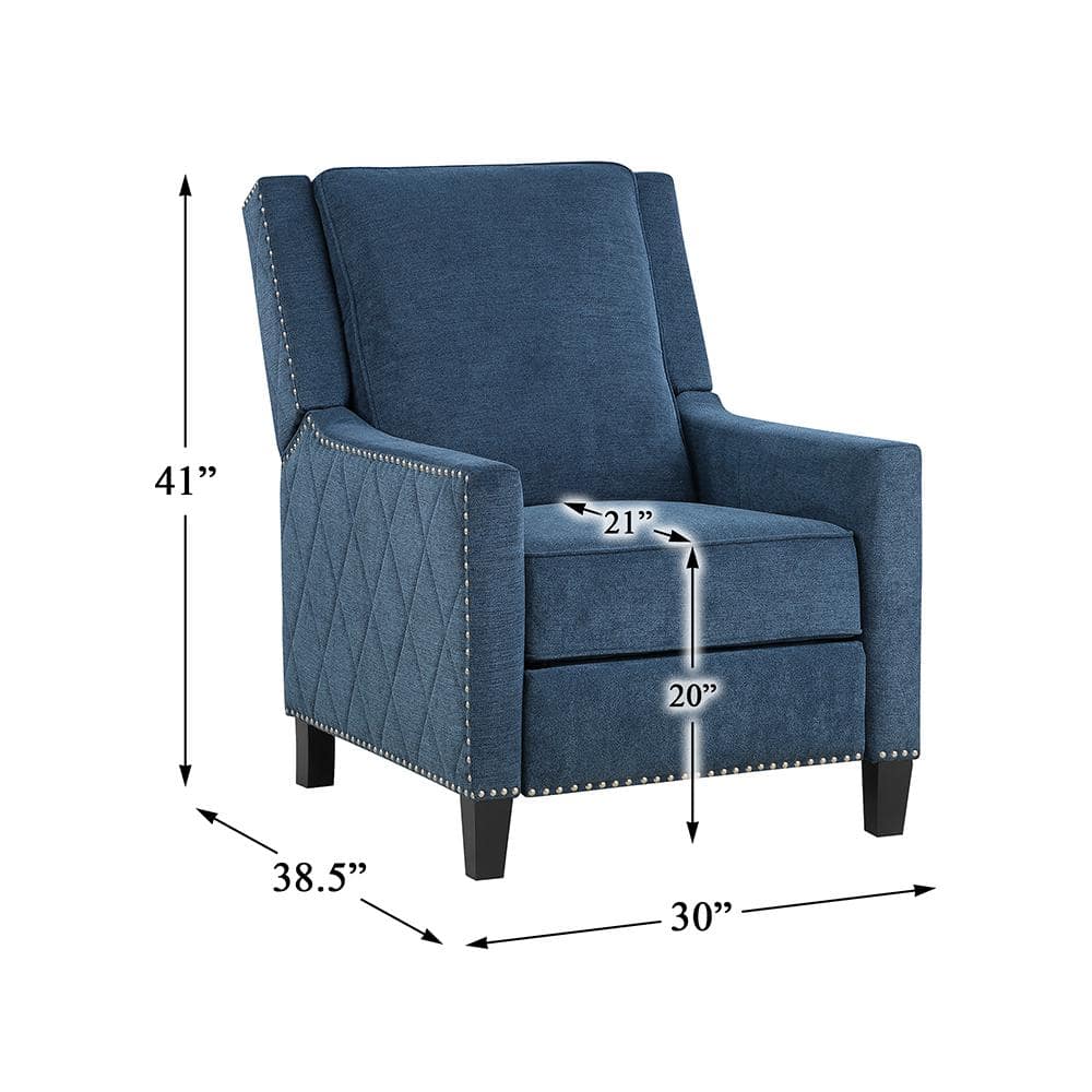 Blue Fabric Upholstered Push Back Recliner with Nailhead Trim