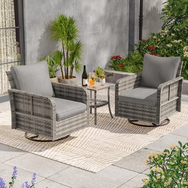 JOYESERY 3-Piece Gray Wicker Patio Conversation Set, with Swivel Rocker Chairs and Table, Gray Cushions