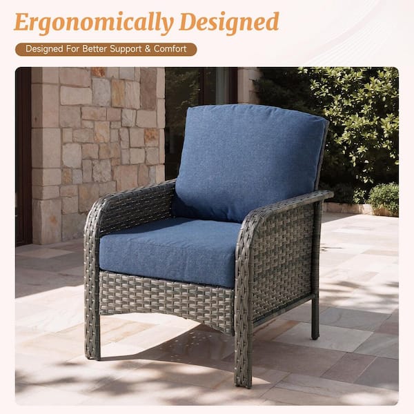 Missisi Gray 4-Piece Wicker Patio Conversation Seating Set with Denim Blue Cushions and Coffee Table