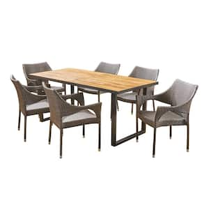 Welch Teak Brown 7-Piece Wood and Multi-Brown Faux Rattan Outdoor Dining Set