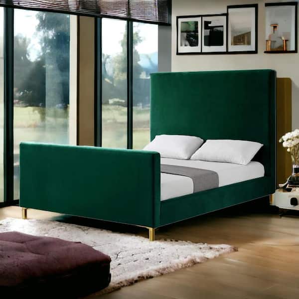 HomeRoots Green Wood Frame Queen Panel Bed with Upholstered