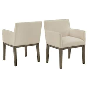 Beige Weathered Grey Finish Fabric Track Arm Dining Chair Set Of 2