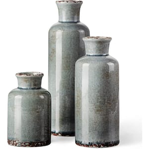 Ceramic Rustic Vintage Vase with 3 Piece Set of Glazed Decorative Vase Table, Grey Blue
