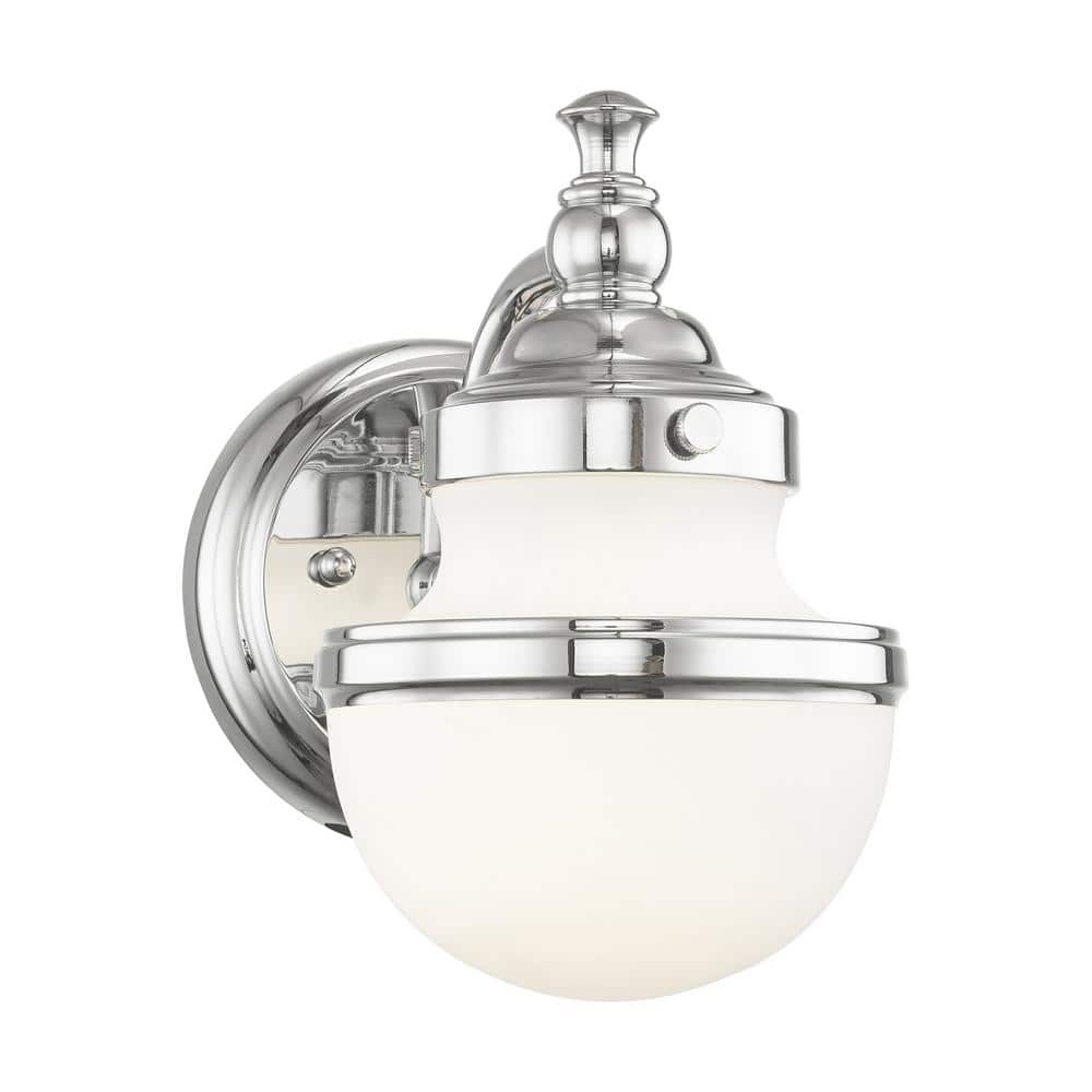 Sleek Industrial Polished Chrome 1-Light Bath Vanity with Hand Blown Opal Glass