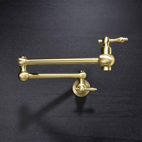 FLG Wall Mounted Pot Filler Double Handle Kitchen Sink Faucet Folding Brass Swing Arm Modern Commercial Taps in Brushed Gold