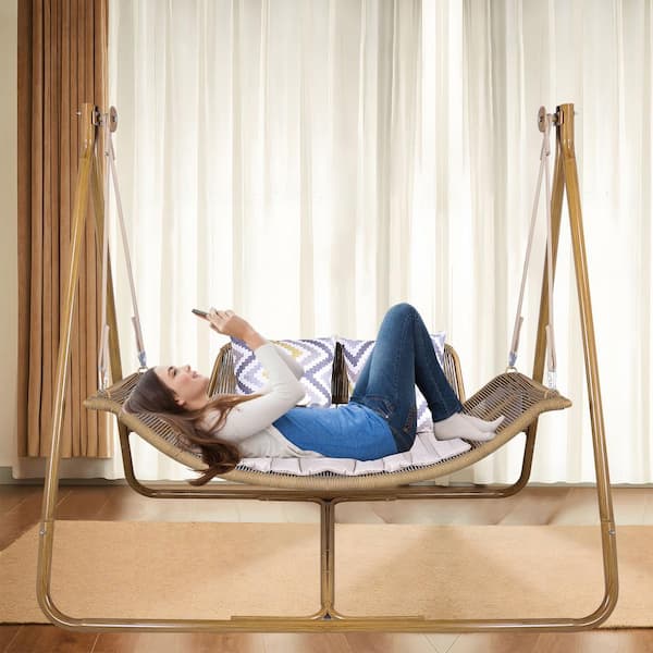 AUTMOON 2-Person Hammock Swing Chair with Stand for Indoor Outdoor Anti-Rust Wood-Colored