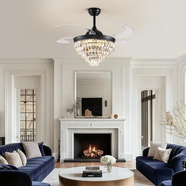 48 in. Indoor Modern Black Standard Crystal Invisible Downrod Mount Ceiling Fan with Light and Smart Control