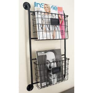 Black Wall Mounted Magazine Rack Holder with Suspended Baskets and Label Slot