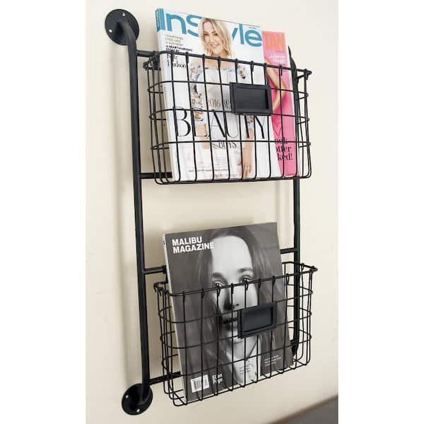 Litton Lane Black Wall Mounted Magazine Rack Holder with Suspended Baskets and Label Slot