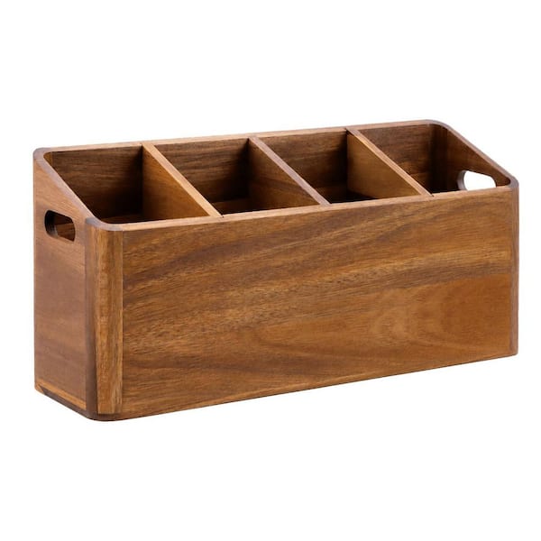 Wooden Acacia Wood Utensil Holder Countertop Organizer with 4 Compartments and Spoon Rest