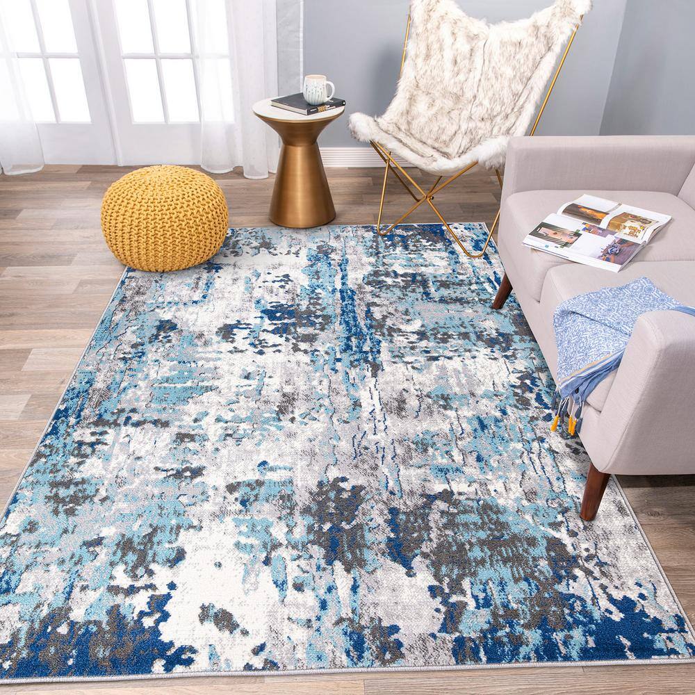 Blue and Gray Abstract Synthetic 5' x 7' Area Rug