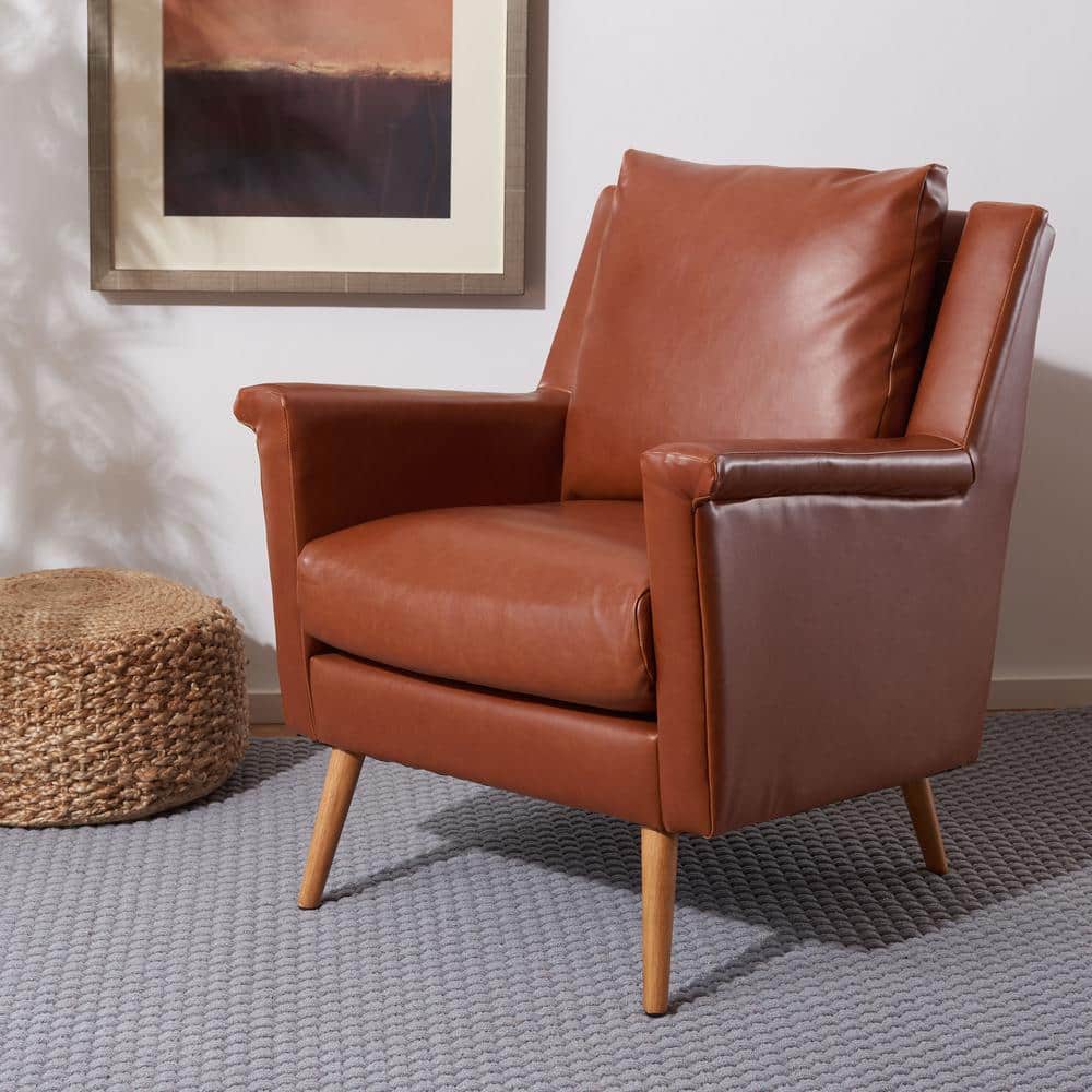 Cognac Faux Leather and Wood Mid-Century Accent Chair