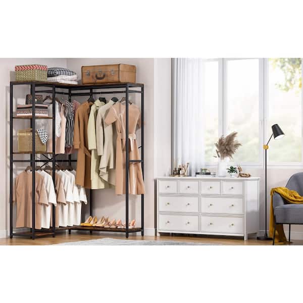 JHX Organized Garment Rack with Storage, Free-Standing Closet System with  Open Shelves and Hanging Rod – Rustic Brown - FurniHQ