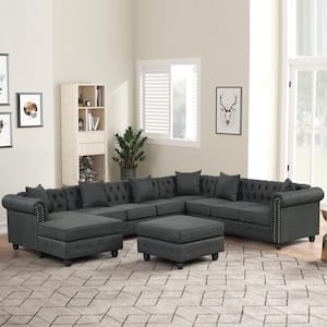 4-Piece Gray Linen Corner Sectional 132in. W Rolled Arms U Shape Sectional Sofa Couch with Ottoman