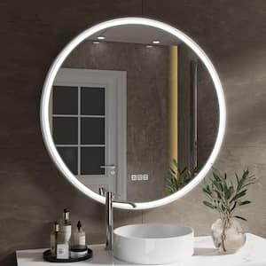 Lindia 36 in. W x 36 in. H Round Framed Anti-Fog Lighted Wall Mount Bathroom Vanity Mirror in White