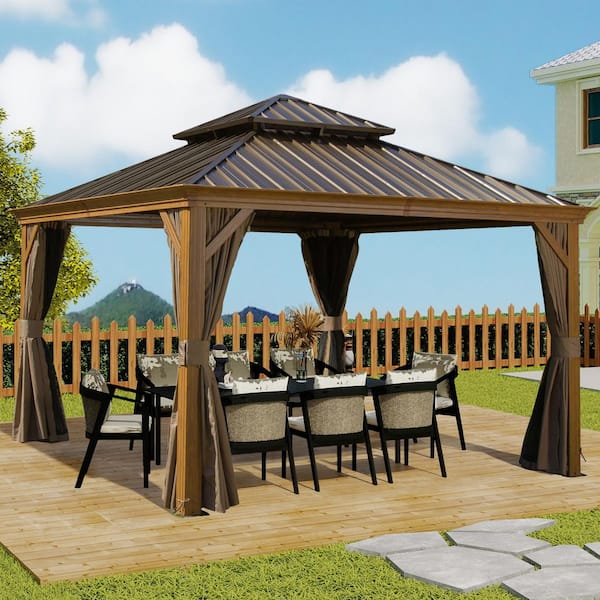 12 ft. x 12 ft. Yellow Brown Hardtop Gazebo Aluminum Frame Canopy with Galvanized Steel Double Roof Curtains and Netting
