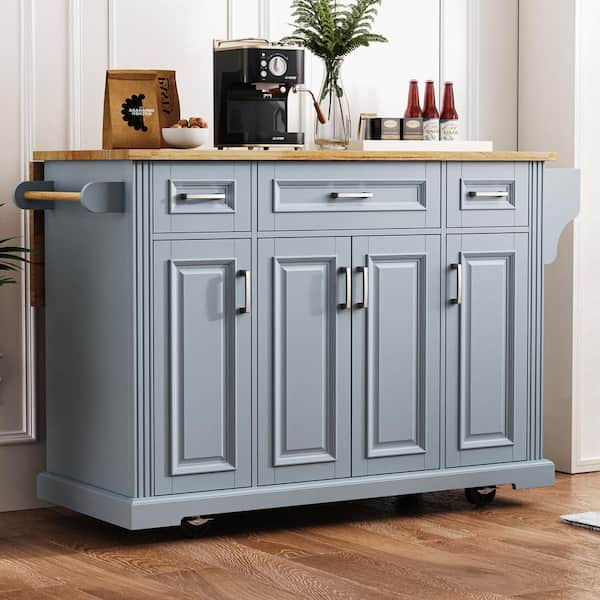 Unbranded 54 in. Gray Blue Embossed Texture Kitchen Cart with Rubber Wood Drop Leaf, Wheels, 4 Doors, and 3 Drawers