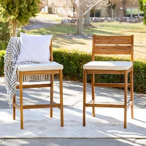 Brown Acacia Wood Patio Outdoor Bar Stools with White Cushions (2-Pack)