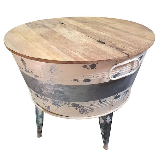 Benjara 26 in. Brown/Gray Round Wood Top Coffee Table with Tub Like Iron Base