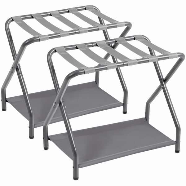Grey Metal Luggage Rack, Foldable Suitcase Stands for Guest Room with Storage Shelf for Bedroom, Easy Assemble Set of 2