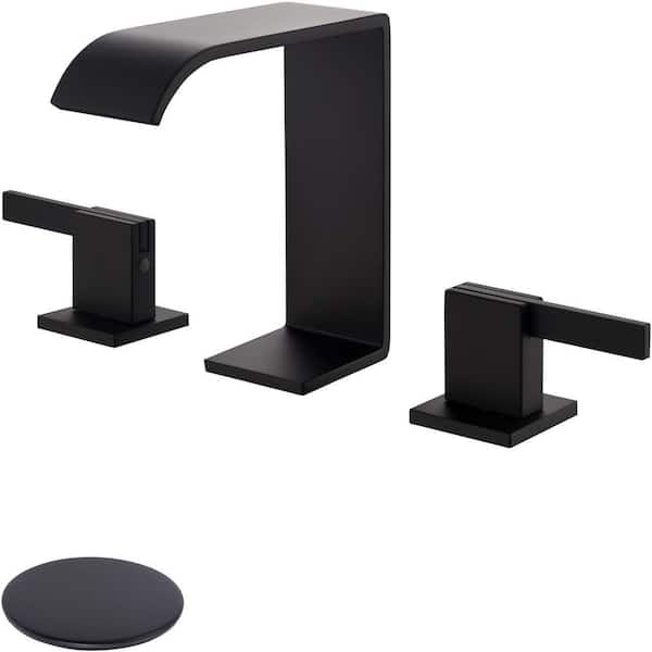 2-Handle 8 in. Waterfall Bathroom Sink Faucet, 3-Hole Widespread Bathroom Vanity Faucet with Drain Kit, Matte Black