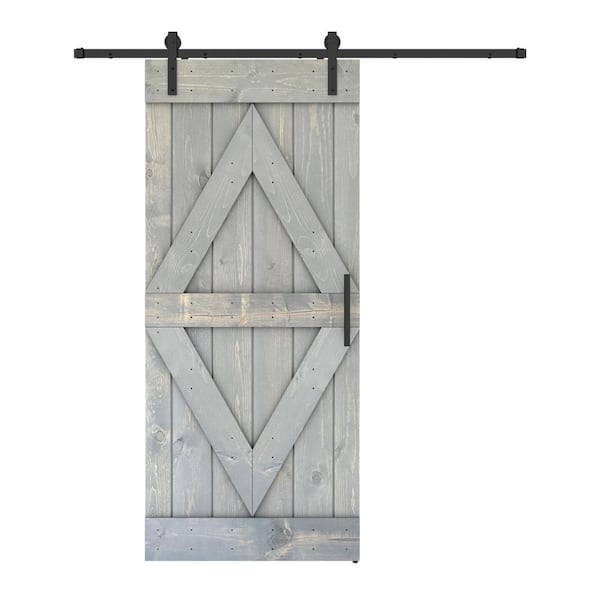 Dessliy Diamond Series 24 in. x 84 in. Fully Set Up Weather Grey Finished Pine Wood Sliding Barn Door with Hardware Kit