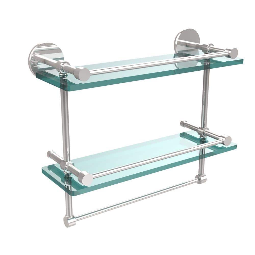 Polished Chrome Double Glass Shelf with Towel Bar, 16 Inch