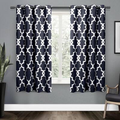 Ironwork Peacoat Blue Trellis Woven 52 in. W x 63 in. L Grommet Top, Blackout Curtain Panel (Set of 2)