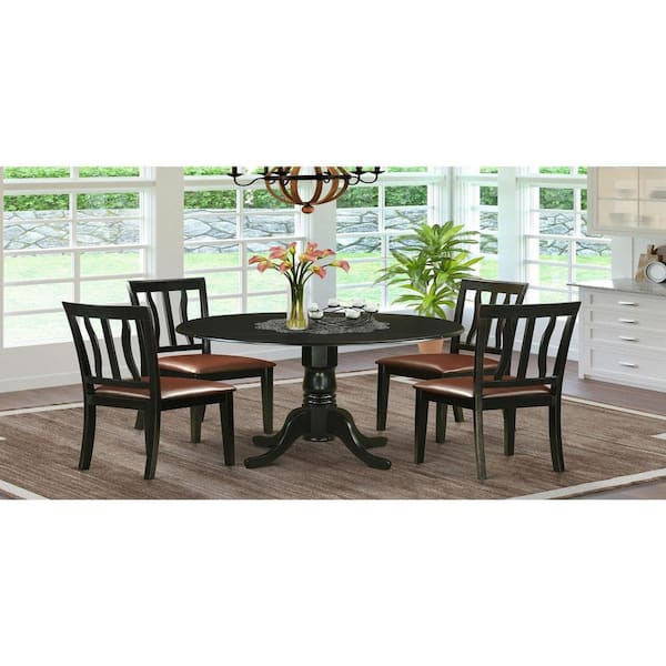East West Furniture 5-Piece Round Black Finish Solid Wood Top Dining table with 4 Chairs with Lattice Back