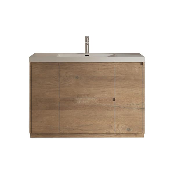 Angela-T 48 in. Single Natural Oak Bath Vanity Free Standing Vanities with Gloss White Resin Stone Top 2-Drawers
