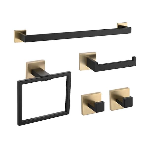 5-Piece Bath Hardware Set in Stainless Steel with Towel Bar, Toilet Paper Holder, Towel Ring and 2-Hooks, Black Gold